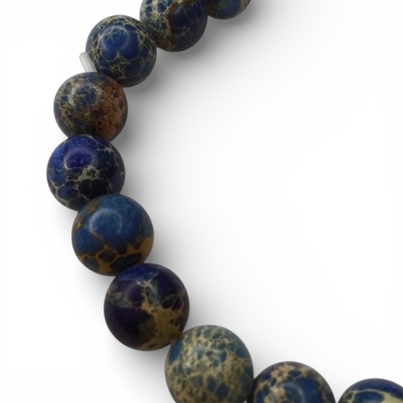 Men’s Polished Blue Sea Sediment Beaded Stretch Bracelet, 6mm Natural Stone, 7" - Picture 7 of 8
